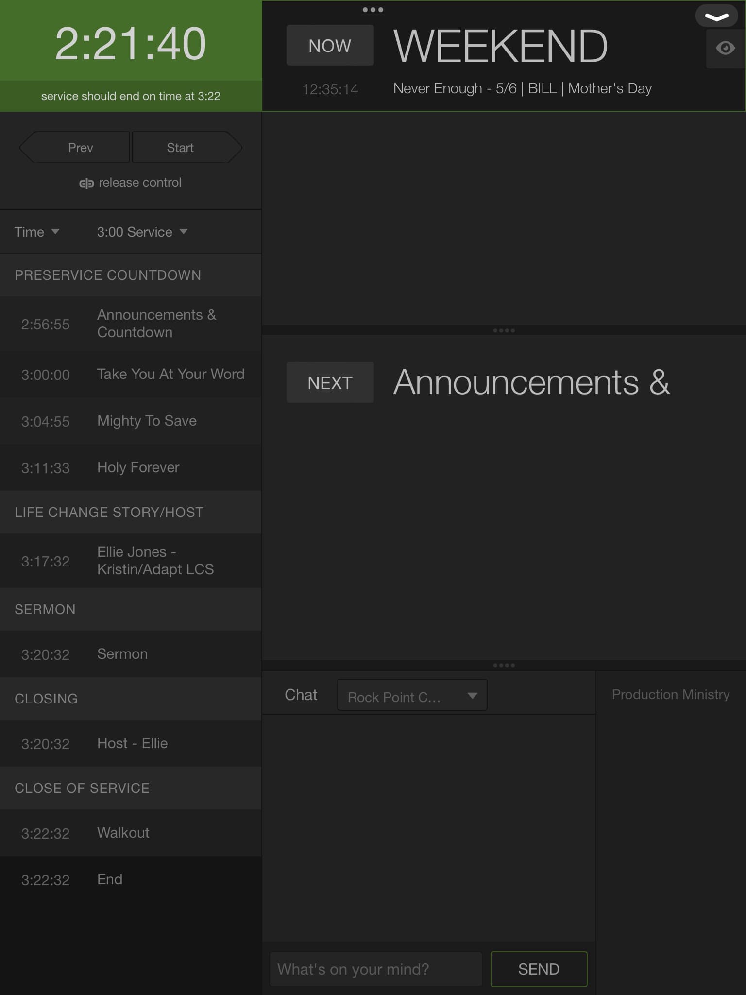 Backstage Planning Center service flow on the iPad